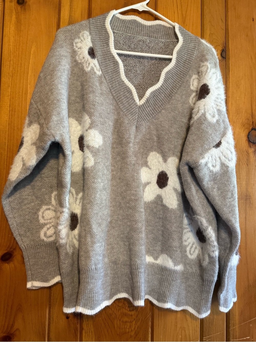 SHEIN Gray Floral V-Neck Sweater with White Trim